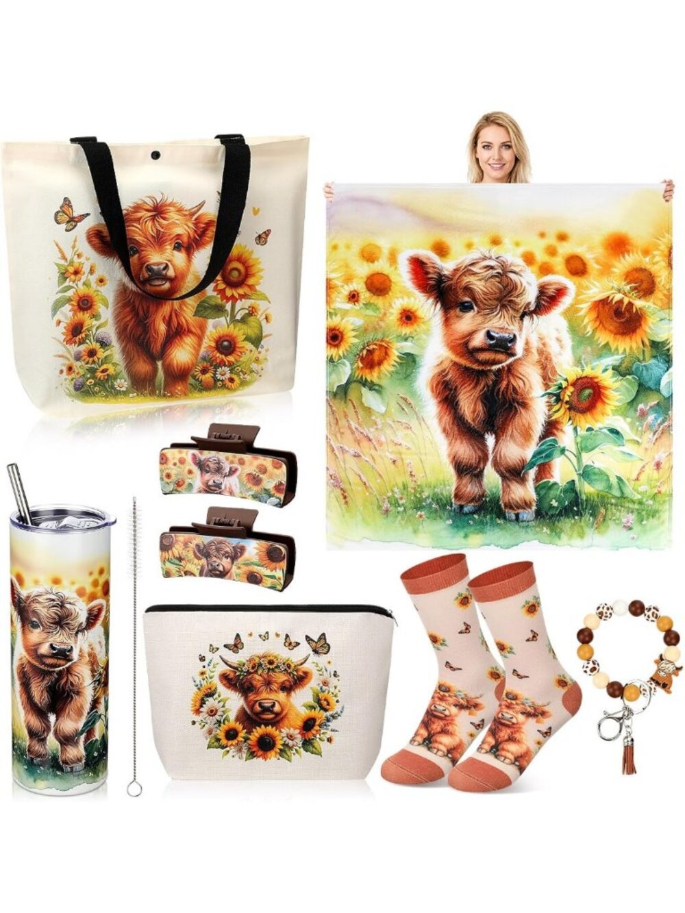 Highland Cow Gift Set for Women - Cozy Blanket & 20 oz Tumbler, 8 Pcs